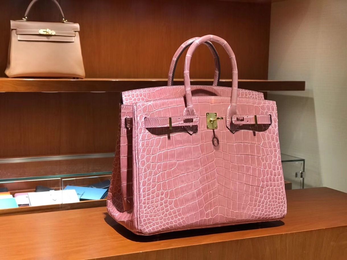 HERMES 爱马仕 Brikin 25cm 高光鳄鱼皮 奶昔粉 现货