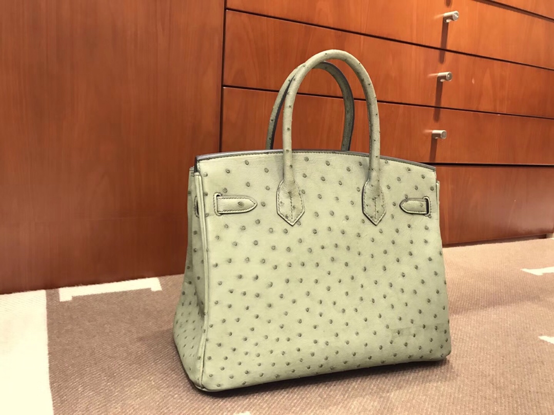 HERMES 爱马仕 Brikin 30cm 南非KKK级鸵鸟皮 浅绿色