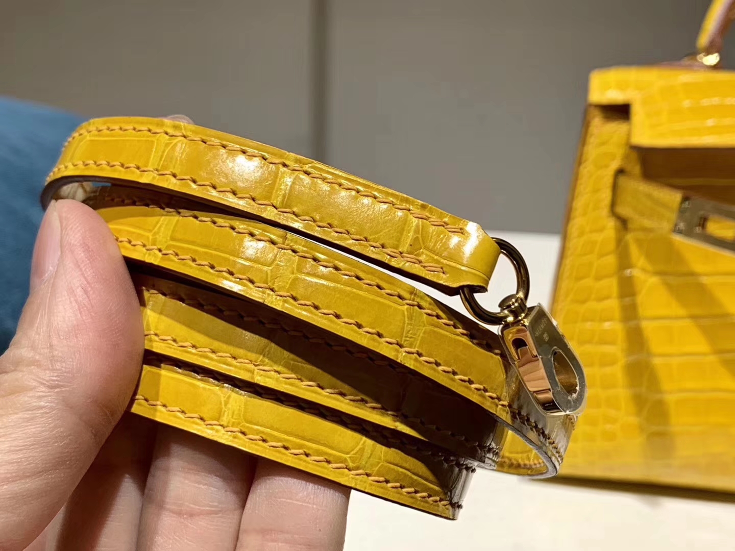 HERMES mini kelly二代 鳄鱼皮 9D 琥珀黄 现货