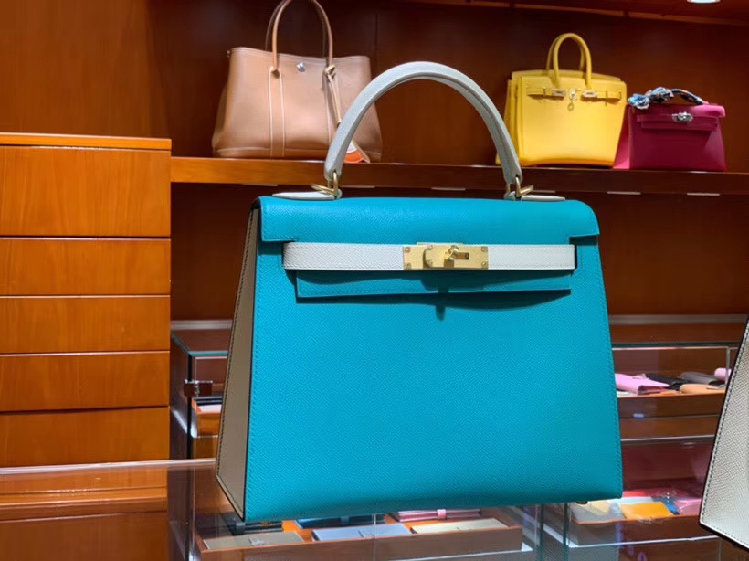 HERMES 爱马仕 凯莉包 Kelly 25CM 28CM Epsom 孔雀蓝拼奶昔白 拉丝金