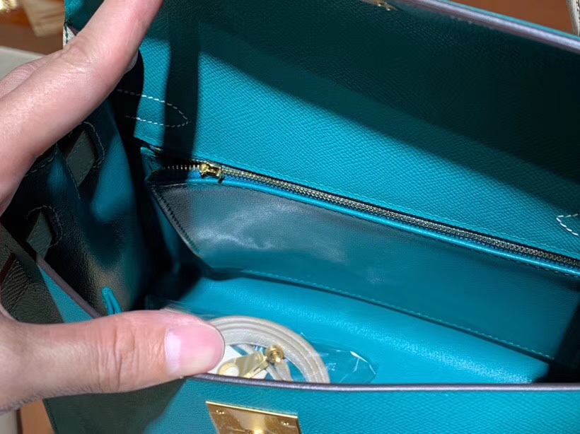 HERMES 爱马仕 凯莉包 Kelly 25CM 28CM Epsom 孔雀蓝拼奶昔白 拉丝金