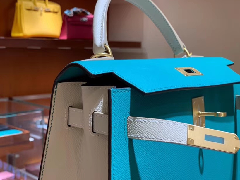 HERMES 爱马仕 凯莉包 Kelly 25CM 28CM Epsom 孔雀蓝拼奶昔白 拉丝金