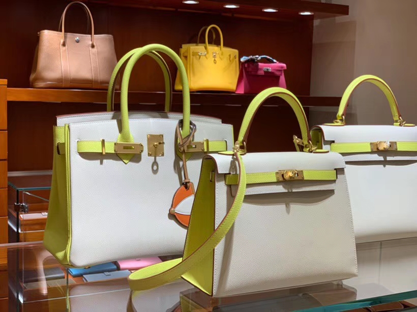 HERMES 爱马仕 凯莉包 Kelly 25CM 28CM Epsom 奶昔白配小鸡黄 拉丝金