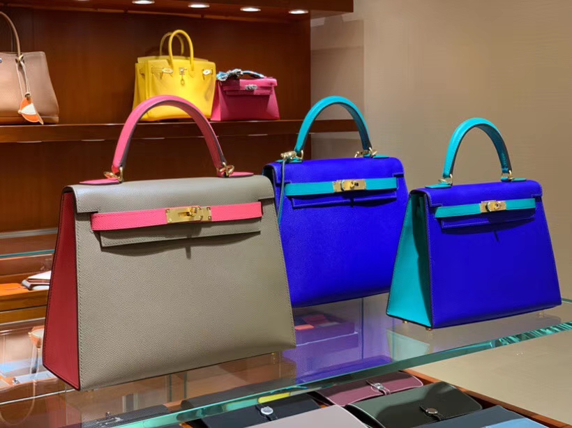 HERMES 爱马仕 凯莉包 Kelly 25CM 28CM Epsom 大象灰拼蜜桃粉 拉丝金