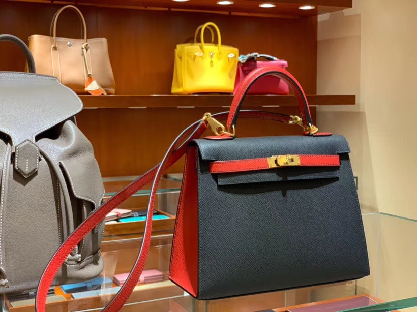 HERMES 爱马仕 凯莉包 Kelly 25CM 28CM Epsom 黑色拼国旗红 拉丝金