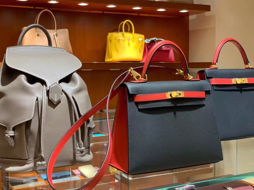 HERMES 爱马仕 凯莉包 Kelly 25CM 28CM Epsom 黑色拼国旗红 拉丝金
