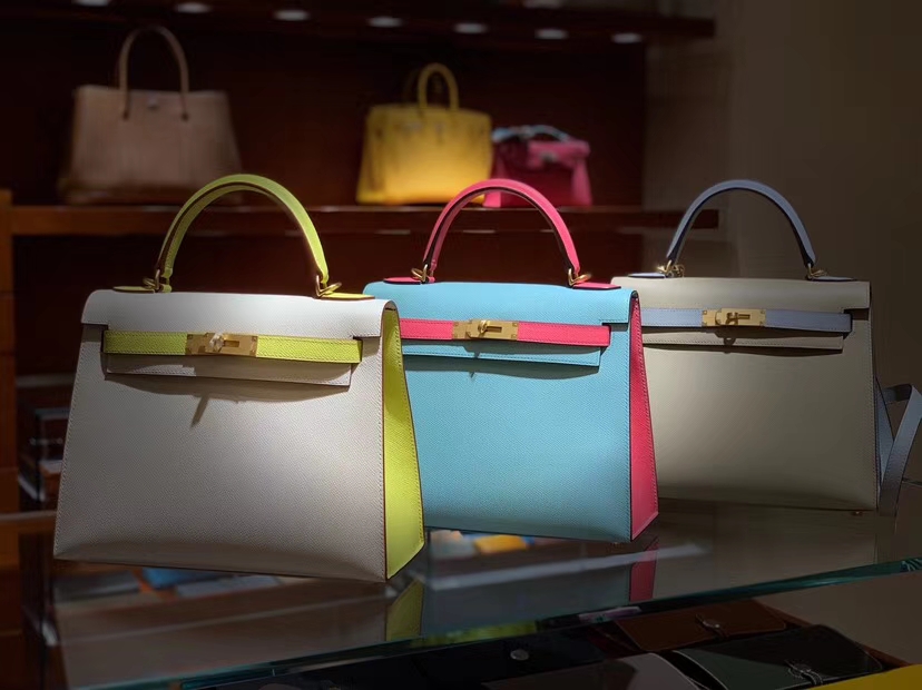 HERMES 爱马仕 凯莉包 Kelly 25CM 28CM Epsom 马卡龙兰拼唇膏粉 拉丝金