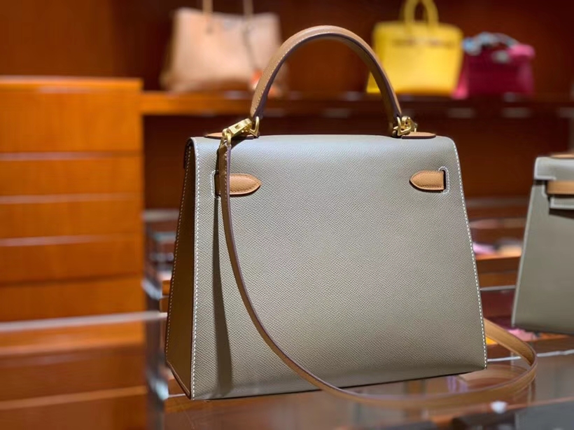 HERMES 爱马仕 凯莉包 Kelly 25CM 28CM Epsom 大象灰拼金棕色 拉丝金