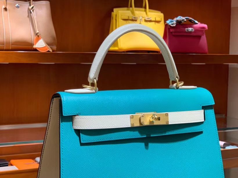 HERMES 爱马仕 凯莉包 Kelly 25CM 28CM Epsom 孔雀蓝拼奶昔白 拉丝金