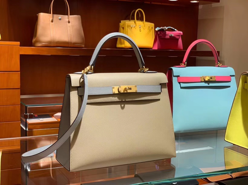 HERMES 爱马仕 凯莉包 Kelly 25CM 28CM Epsom 风衣灰配海鸥灰 拉丝金