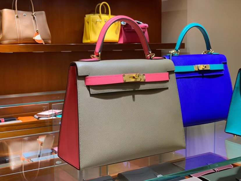 HERMES 爱马仕 凯莉包 Kelly 25CM 28CM Epsom 大象灰拼蜜桃粉 拉丝金