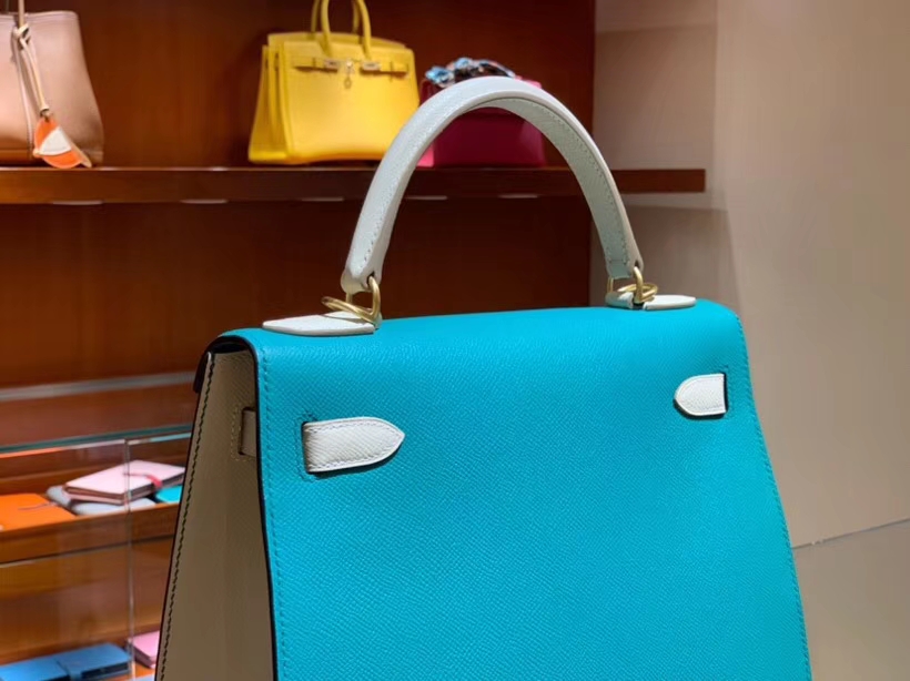 HERMES 爱马仕 凯莉包 Kelly 25CM 28CM Epsom 孔雀蓝拼奶昔白 拉丝金