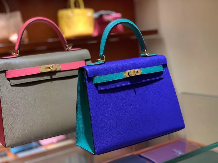 HERMES 爱马仕 凯莉包 Kelly 25CM 28CM Epsom 电光蓝拼孔雀蓝 拉丝金