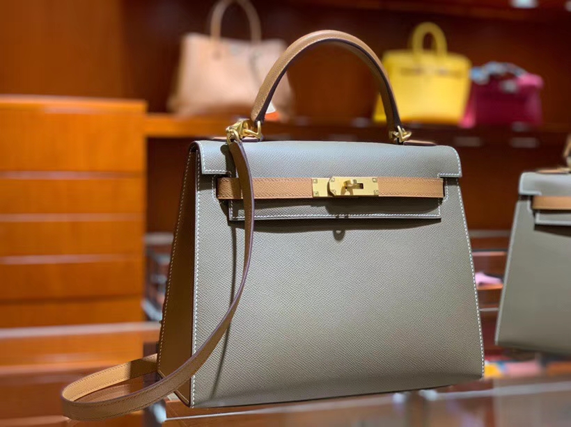 HERMES 爱马仕 凯莉包 Kelly 25CM 28CM Epsom 大象灰拼金棕色 拉丝金