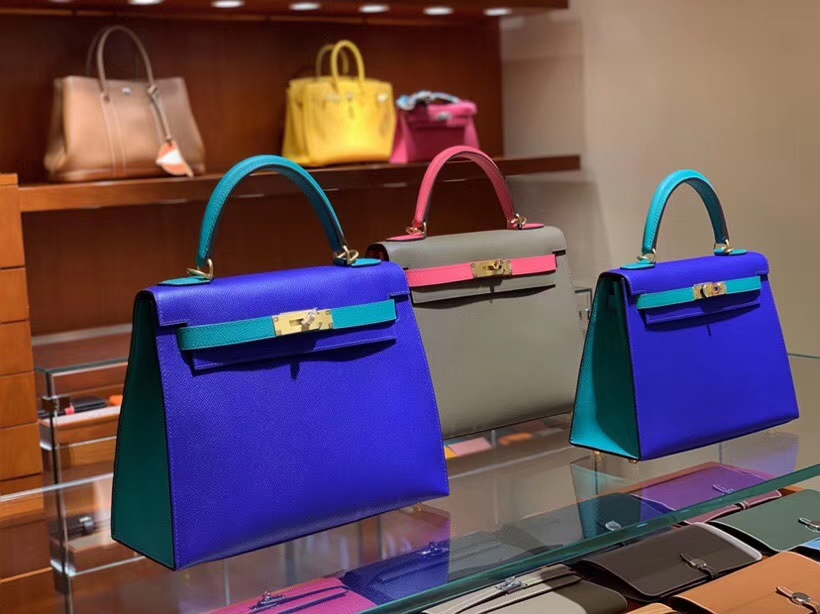 HERMES 爱马仕 凯莉包 Kelly 25CM 28CM Epsom 电光蓝拼孔雀蓝 拉丝金