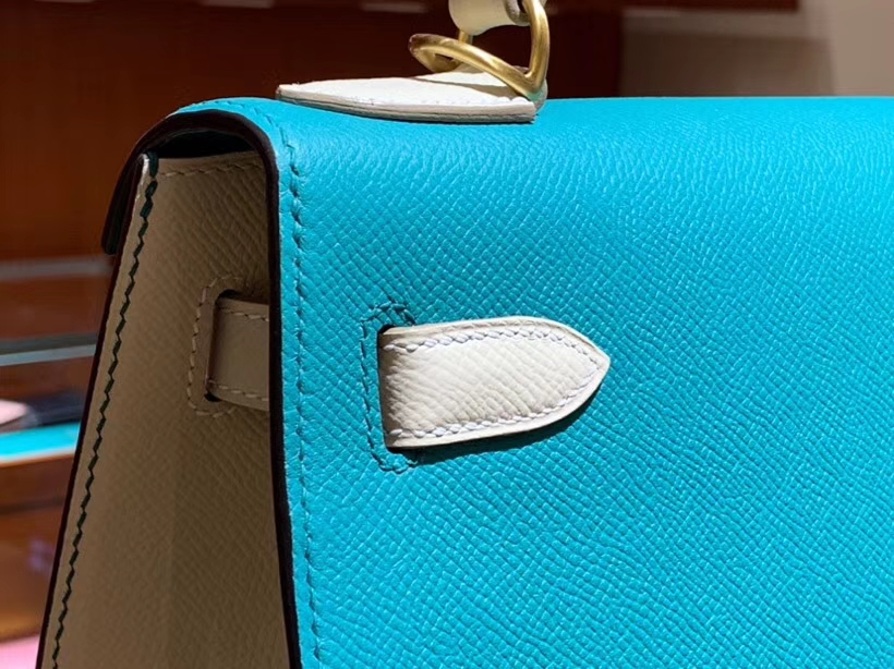 HERMES 爱马仕 凯莉包 Kelly 25CM 28CM Epsom 孔雀蓝拼奶昔白 拉丝金