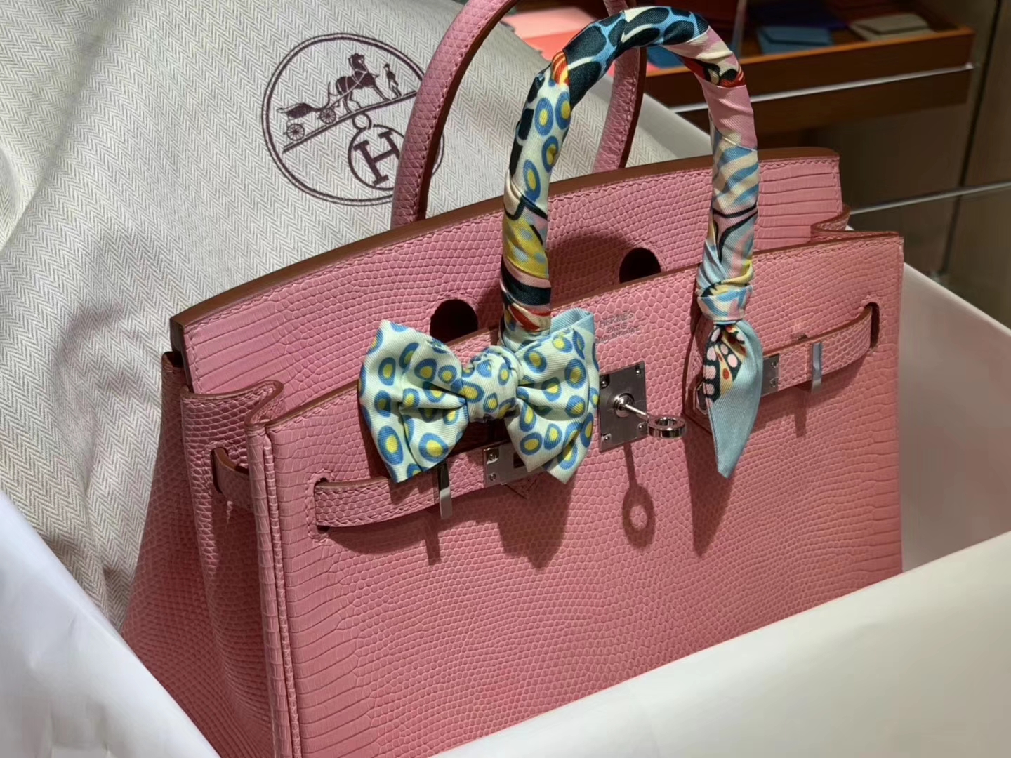 HERMES birkin 25cm 3Q奶昔粉 蜥蜴皮 现货