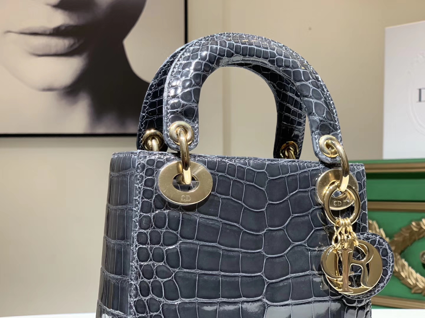 Alligator 美洲鳄 DIOR迪奥戴妃包 金银扣定做 雾霾蓝  