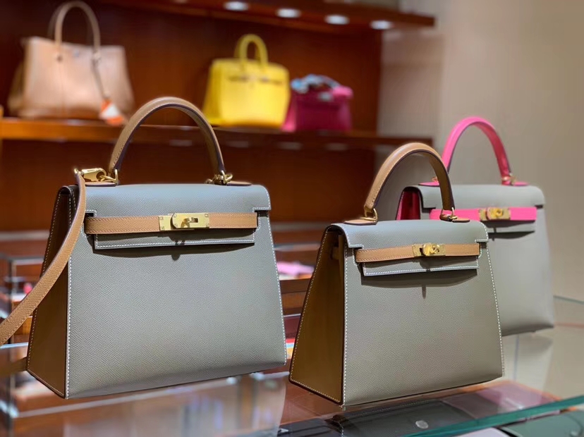 HERMES 爱马仕 凯莉包 Kelly 25CM 28CM Epsom 大象灰拼金棕色 拉丝金