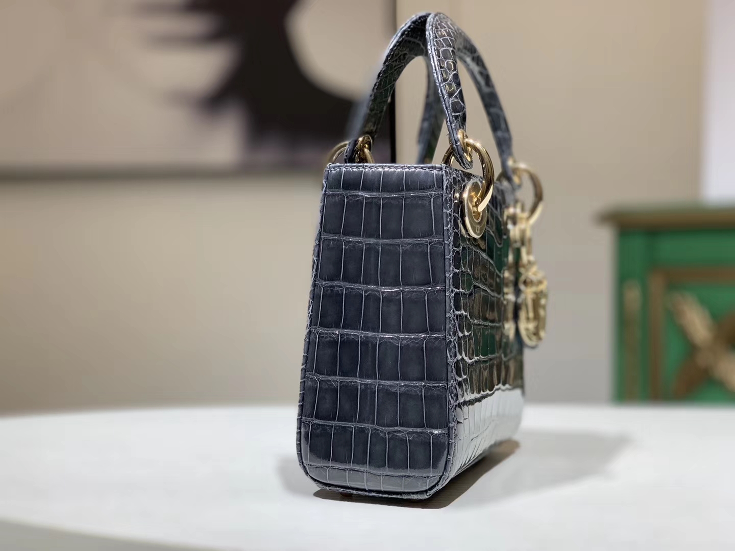 Alligator 美洲鳄 DIOR迪奥戴妃包 金银扣定做 雾霾蓝  