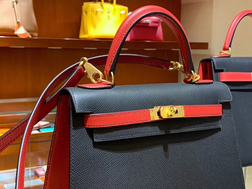 HERMES 爱马仕 凯莉包 Kelly 25CM 28CM Epsom 黑色拼国旗红 拉丝金