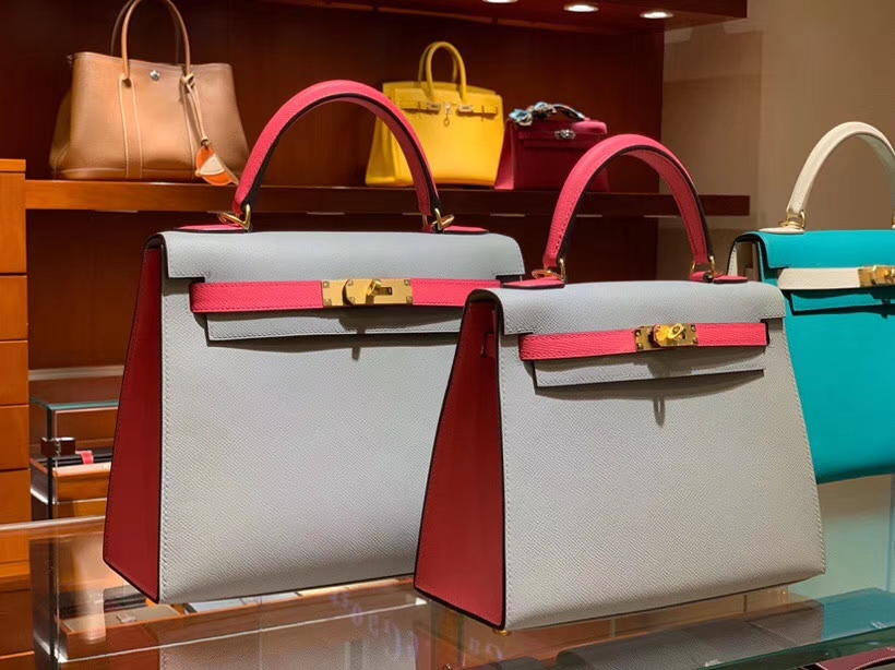 HERMES 爱马仕 凯莉包 Kelly 25CM 28CM Epsom 海鸥灰拼蜜桃粉 拉丝金