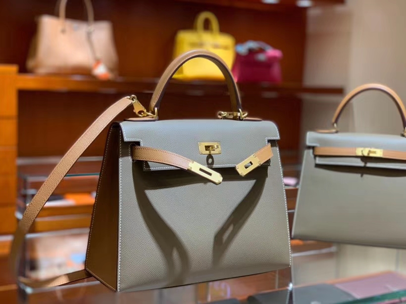 HERMES 爱马仕 凯莉包 Kelly 25CM 28CM Epsom 大象灰拼金棕色 拉丝金