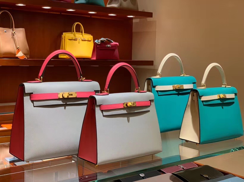 HERMES 爱马仕 凯莉包 Kelly 25CM 28CM Epsom 海鸥灰拼蜜桃粉 拉丝金