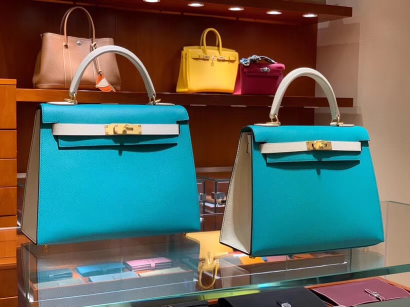 HERMES 爱马仕 凯莉包 Kelly 25CM 28CM Epsom 孔雀蓝拼奶昔白 拉丝金