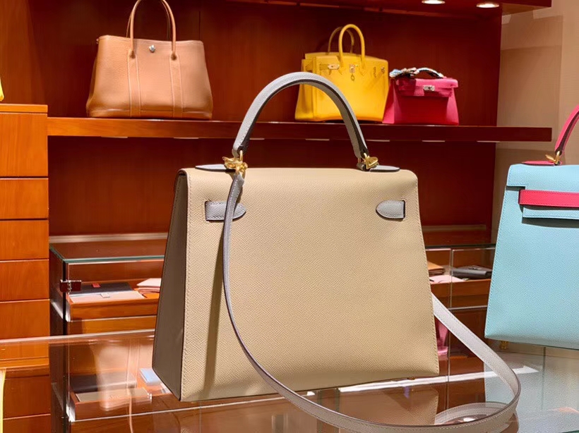 HERMES 爱马仕 凯莉包 Kelly 25CM 28CM Epsom 风衣灰配海鸥灰 拉丝金