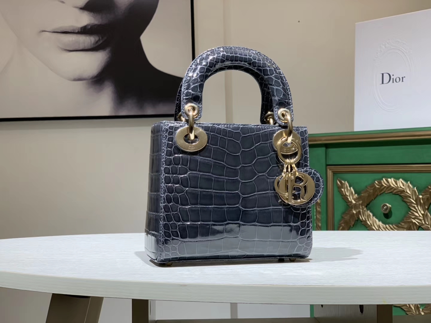 Alligator 美洲鳄 DIOR迪奥戴妃包 金银扣定做 雾霾蓝  