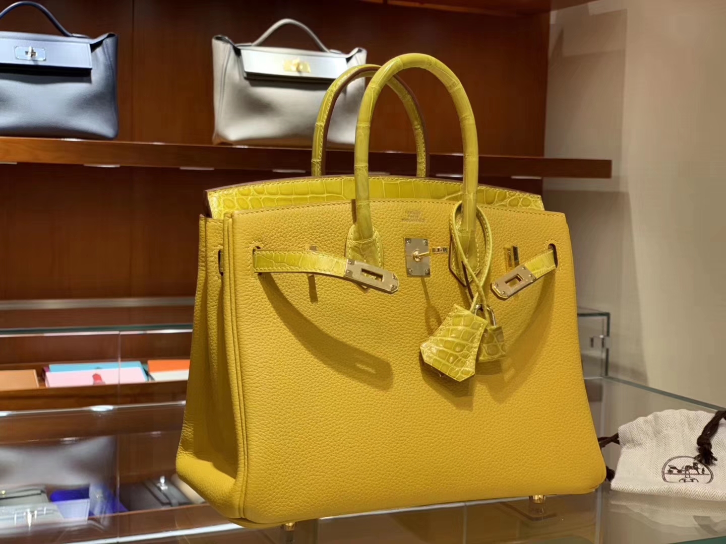 HERMES birkin 25cm 9D琥珀黄拼鳄鱼 现货
