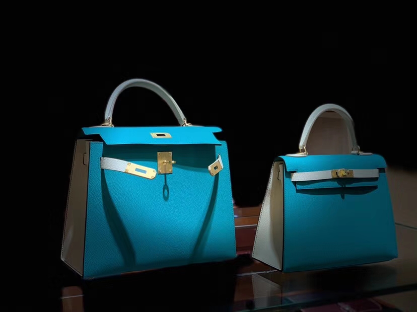 HERMES 爱马仕 凯莉包 Kelly 25CM 28CM Epsom 孔雀蓝拼奶昔白 拉丝金