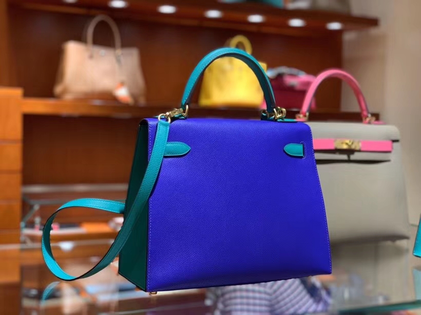 HERMES 爱马仕 凯莉包 Kelly 25CM 28CM Epsom 电光蓝拼孔雀蓝 拉丝金