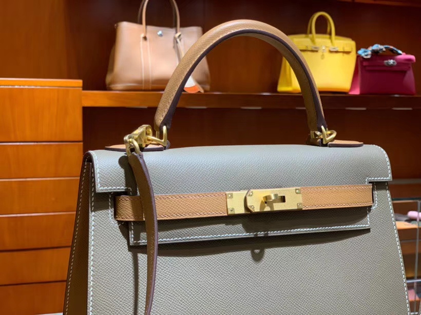 HERMES 爱马仕 凯莉包 Kelly 25CM 28CM Epsom 大象灰拼金棕色 拉丝金