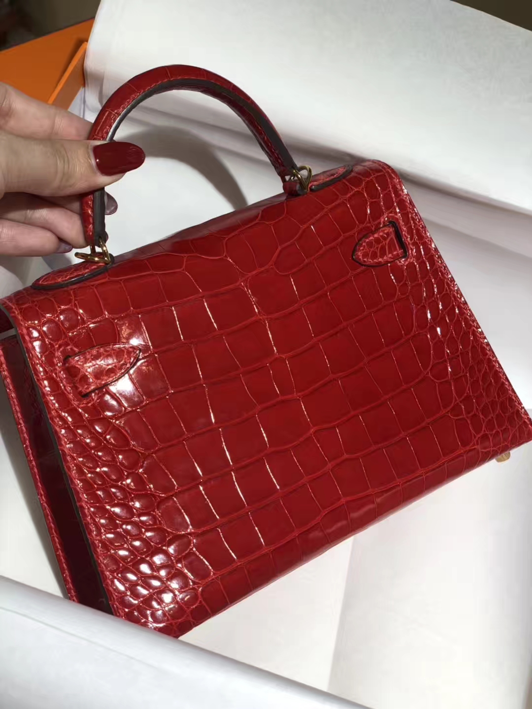 HERMES mini kelly二代 高光鳄鱼皮 番茄红 现货