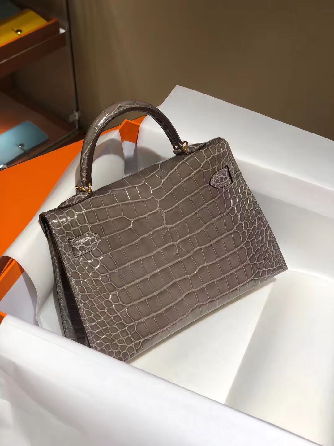 HERMES mini kelly二代 高光鳄鱼皮 大象灰 现货