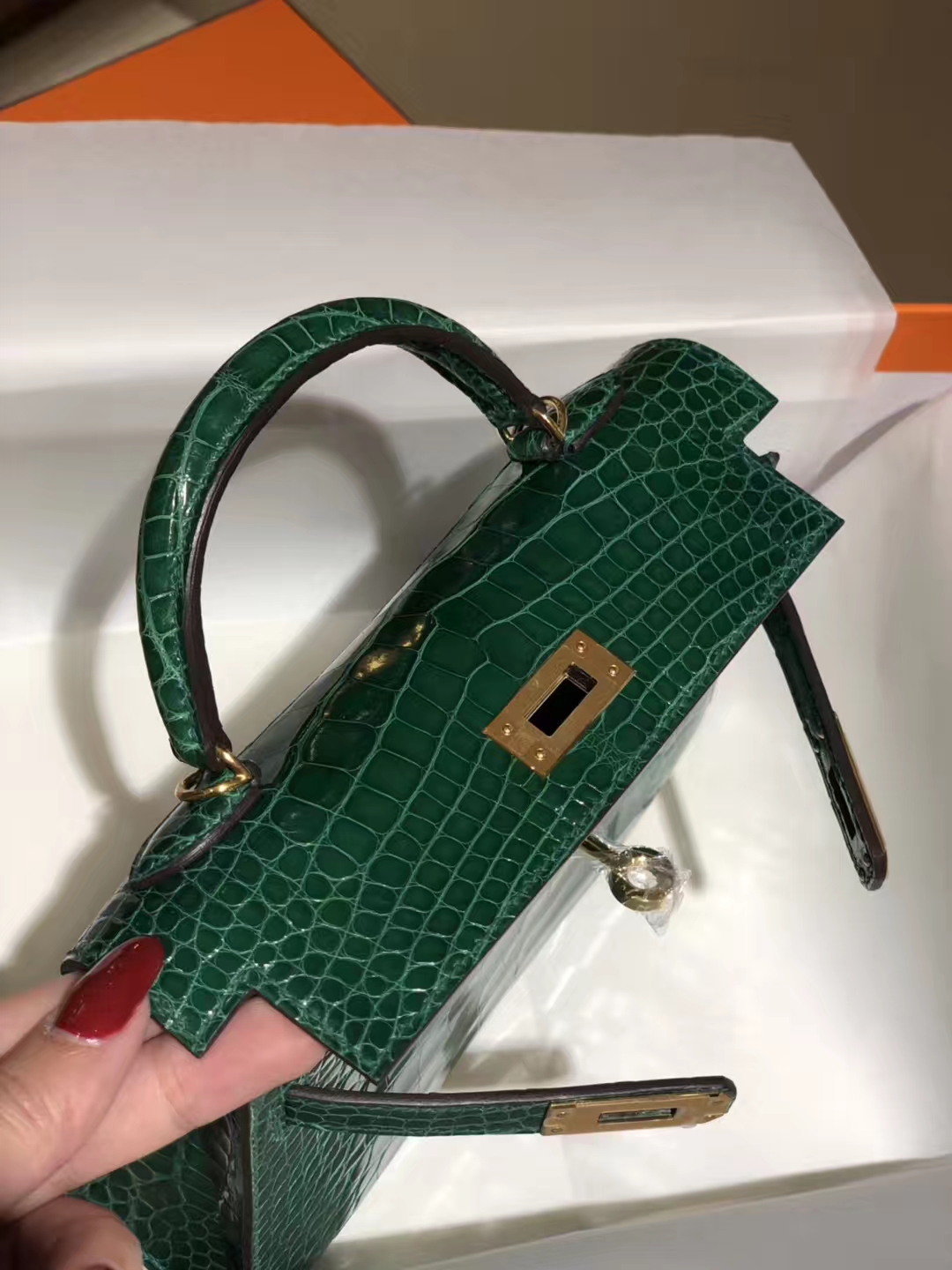 HERMES mini kelly二代 高光鳄鱼皮 祖母绿 现货
