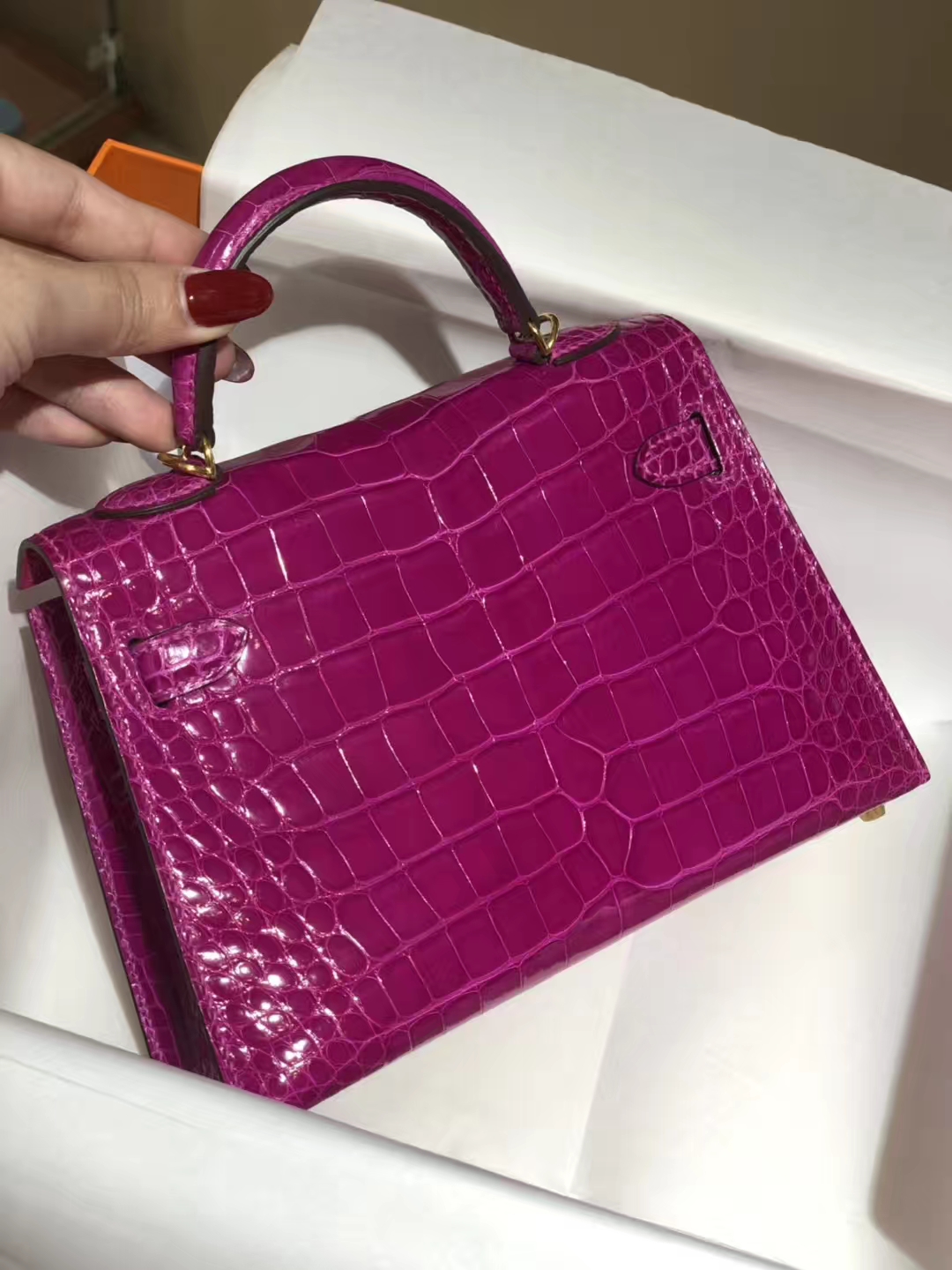 HERMES mini kelly二代 高光鳄鱼皮 天方夜谭紫 现货