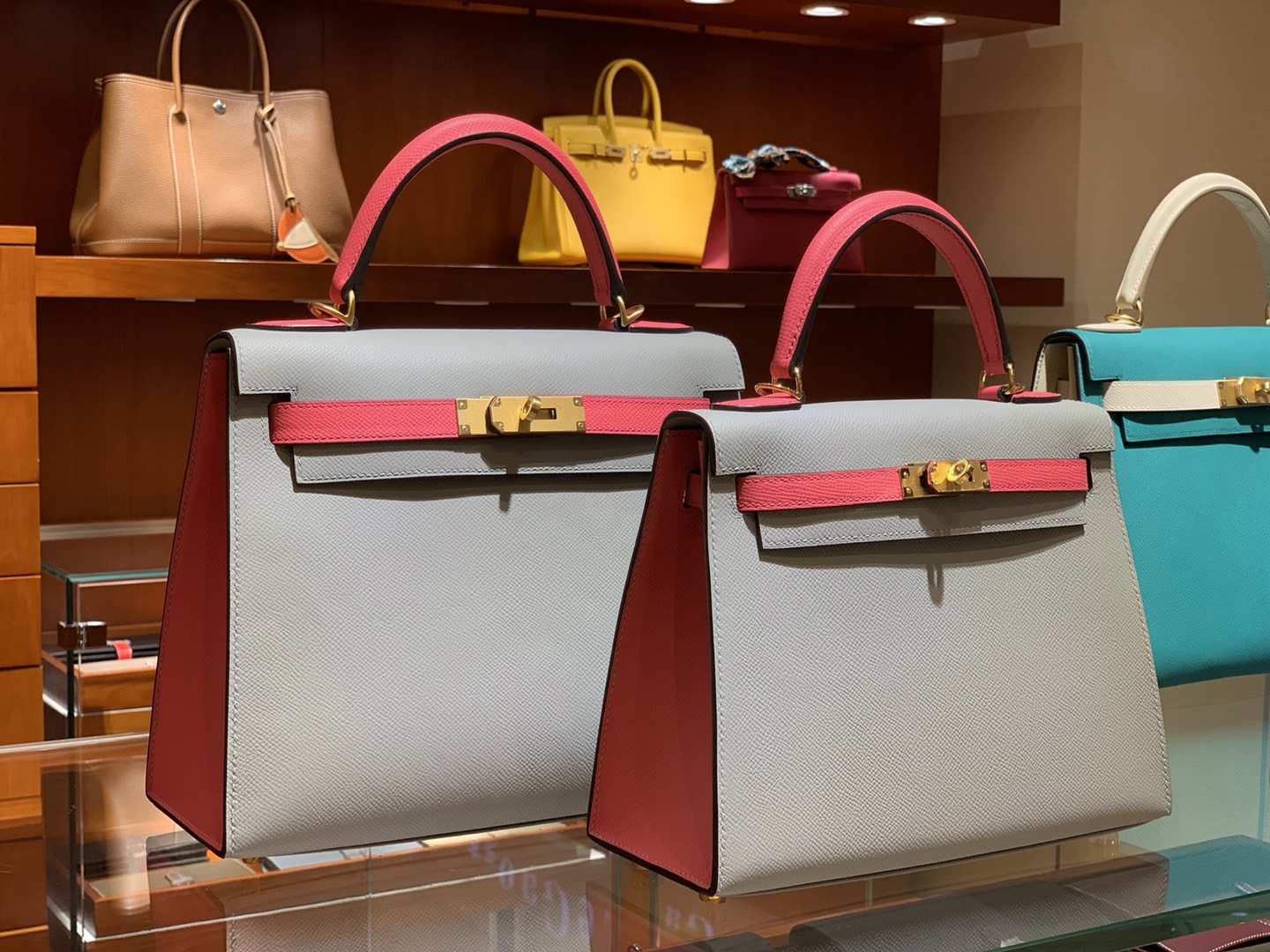 HERMES 爱马仕 凯莉包 Kelly 25CM 28CM Epsom 海鸥灰拼蜜桃粉 拉丝金