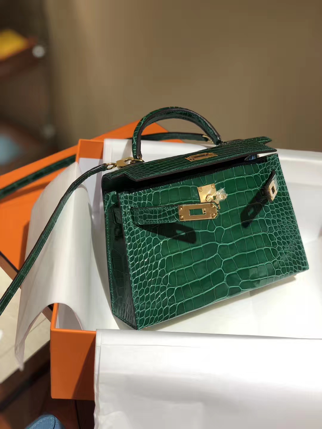 HERMES mini kelly二代 高光鳄鱼皮 祖母绿 现货