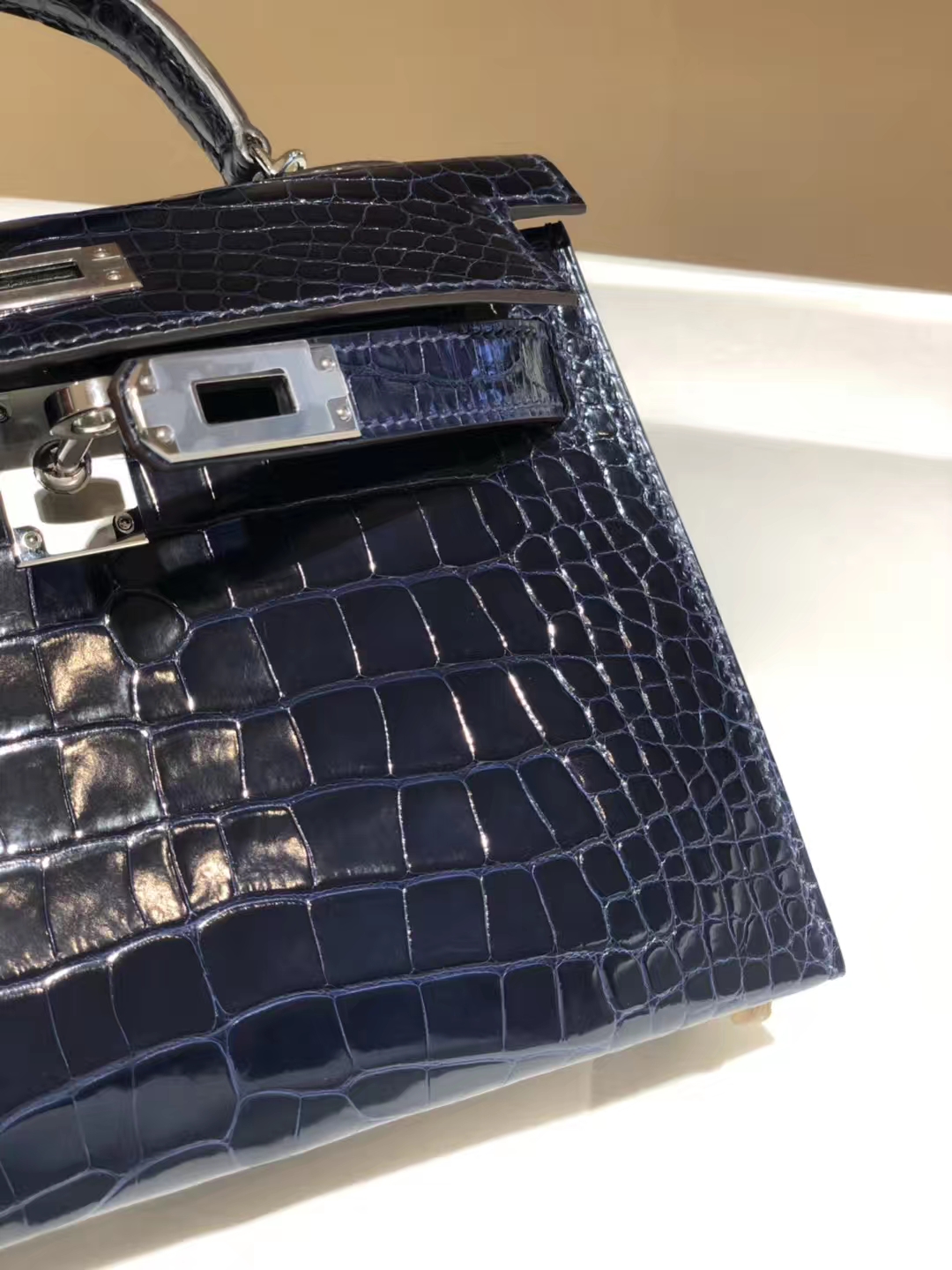 HERMES mini kelly二代 高光鳄鱼皮 午夜蓝 现货