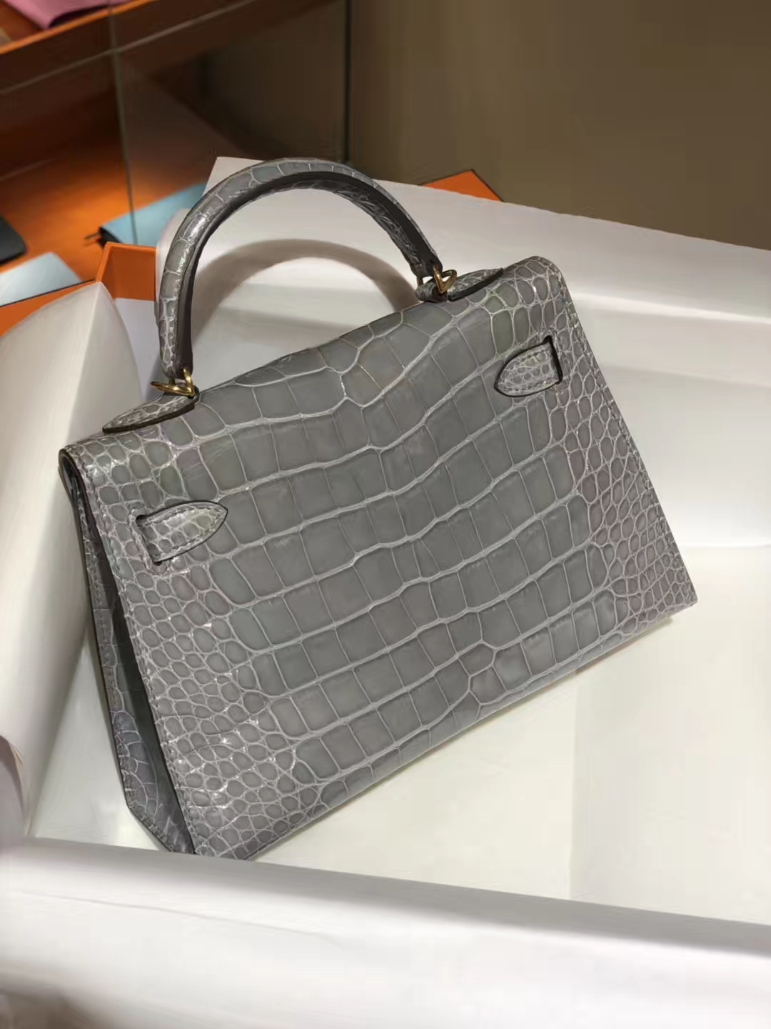 HERMES mini kelly二代 高光鳄鱼皮 锡器灰 现货