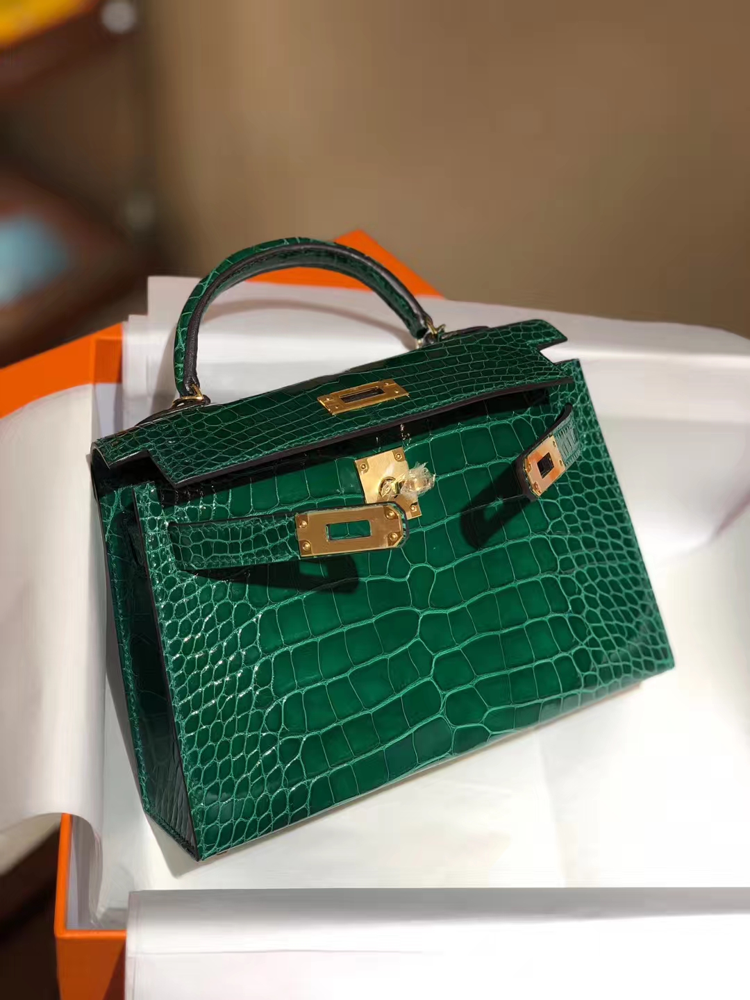 HERMES mini kelly二代 高光鳄鱼皮 祖母绿 现货