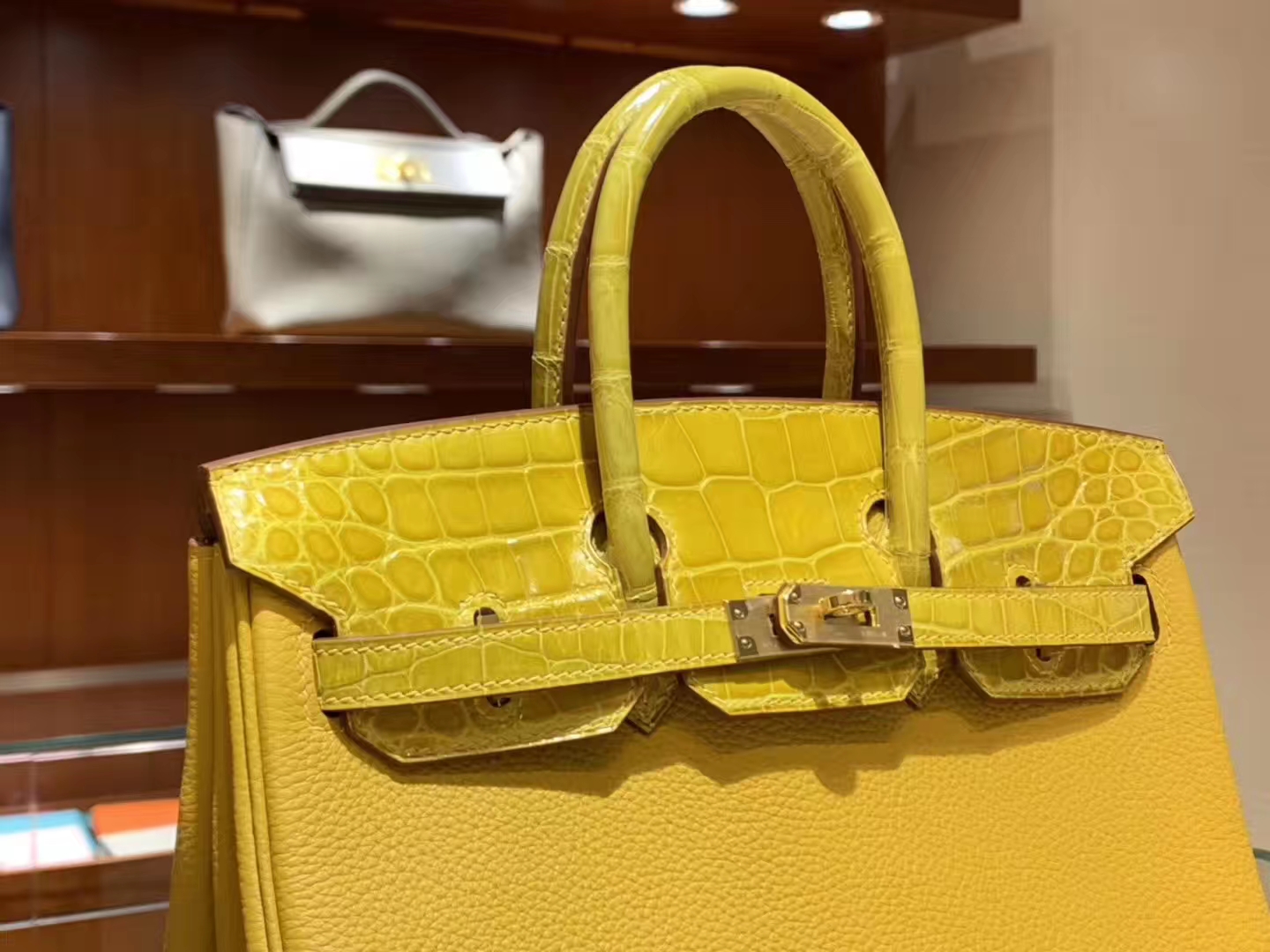 HERMES 爱马仕 Birkin 25 Togo/Croco 拼鳄鱼琥珀黄 完美的搭配