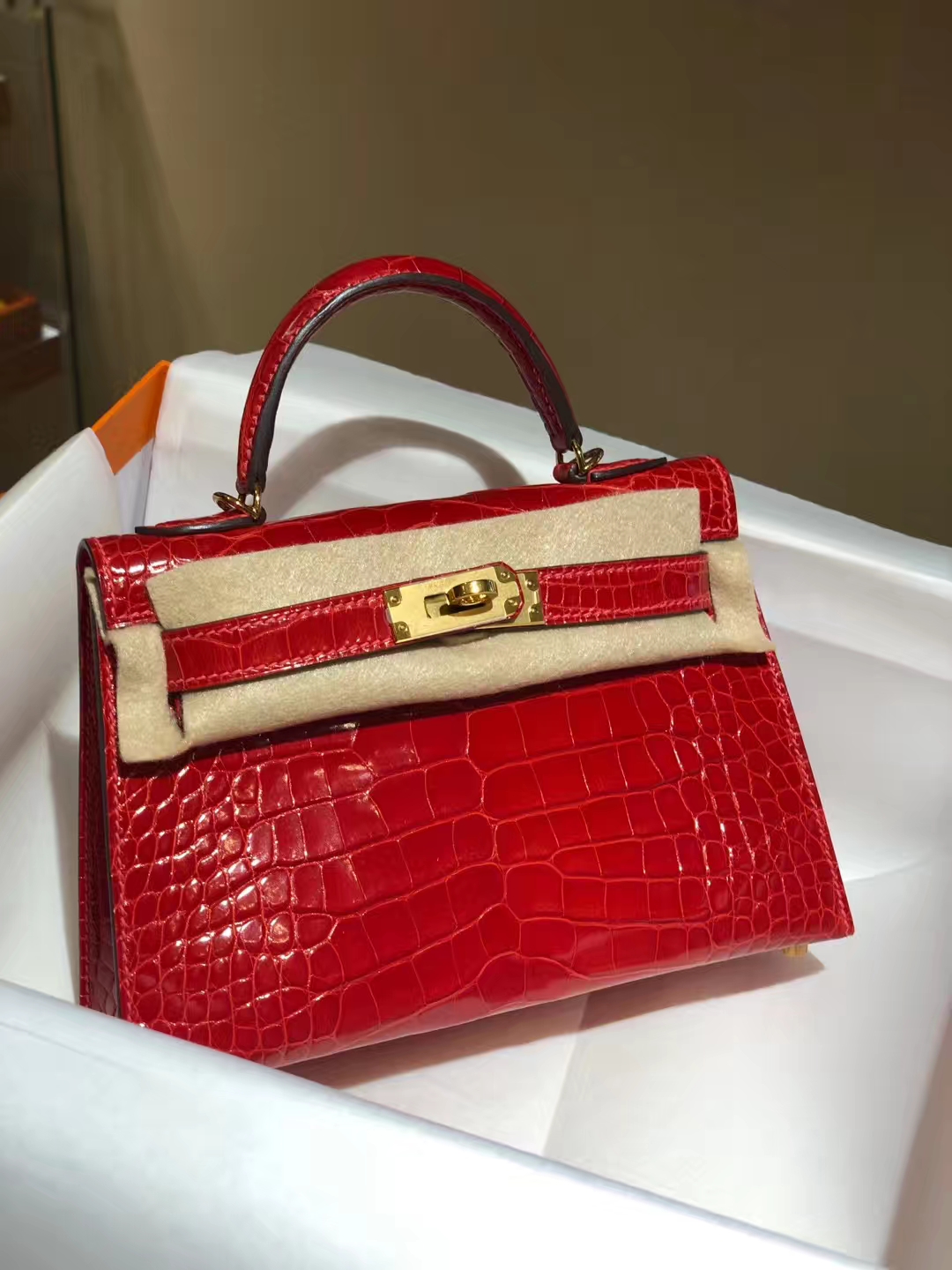HERMES mini kelly二代 高光鳄鱼皮 番茄红 现货