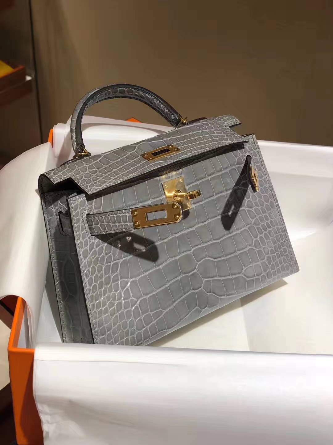 HERMES mini kelly二代 高光鳄鱼皮 锡器灰 现货