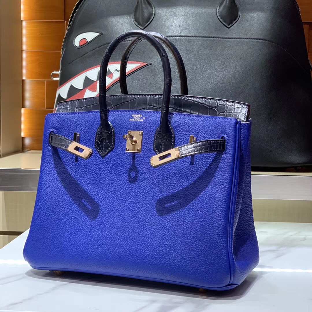 HERMES 爱马仕 Birkin 铂金包 Togo/Croco 拼鳄鱼 电光蓝 完美的搭配
