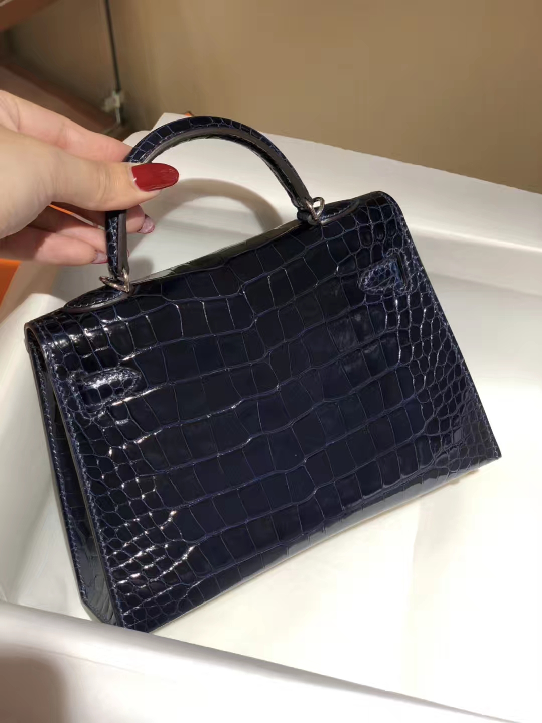 HERMES mini kelly二代 高光鳄鱼皮 午夜蓝 现货