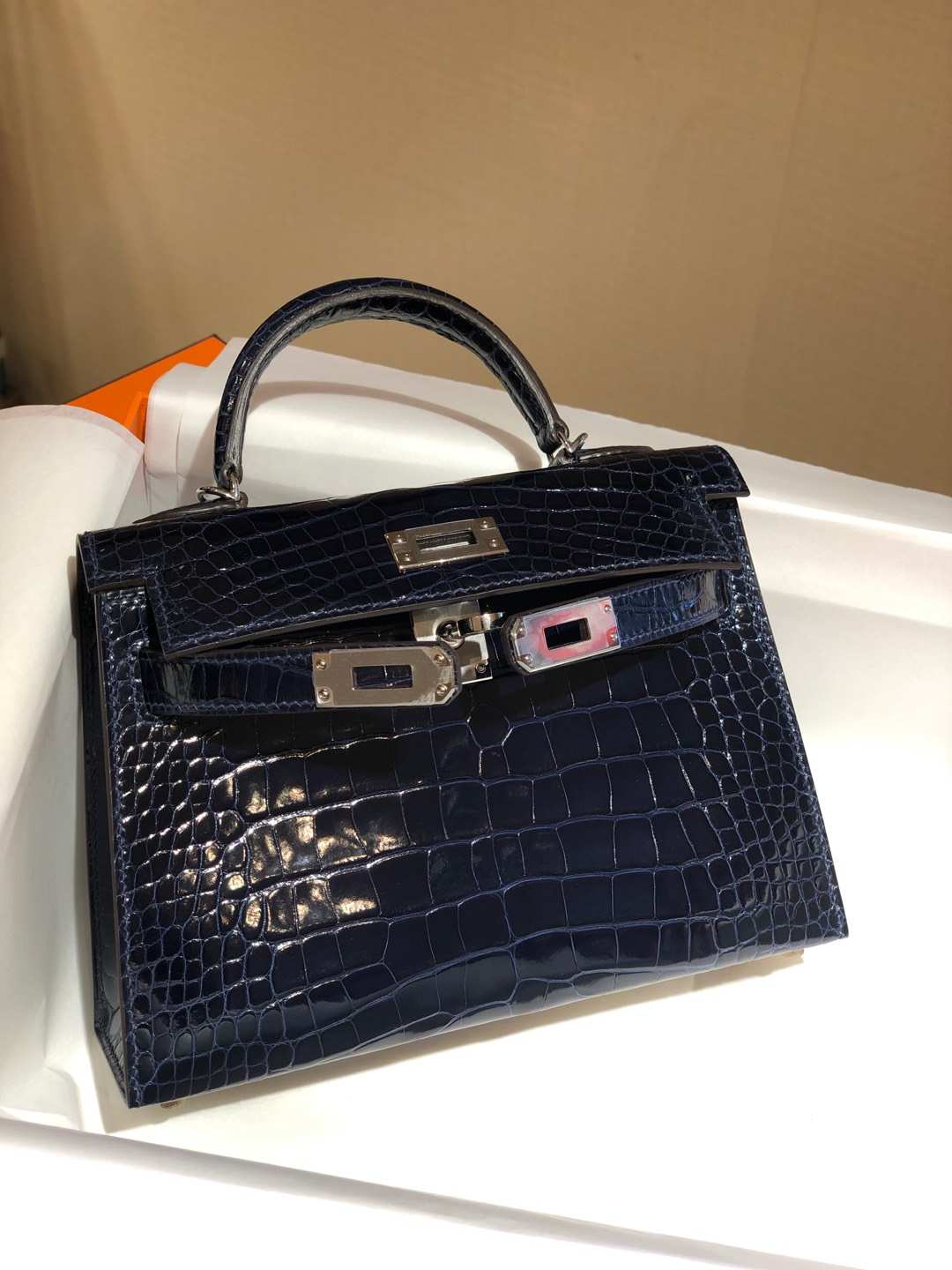 HERMES mini kelly二代 高光鳄鱼皮 午夜蓝 现货